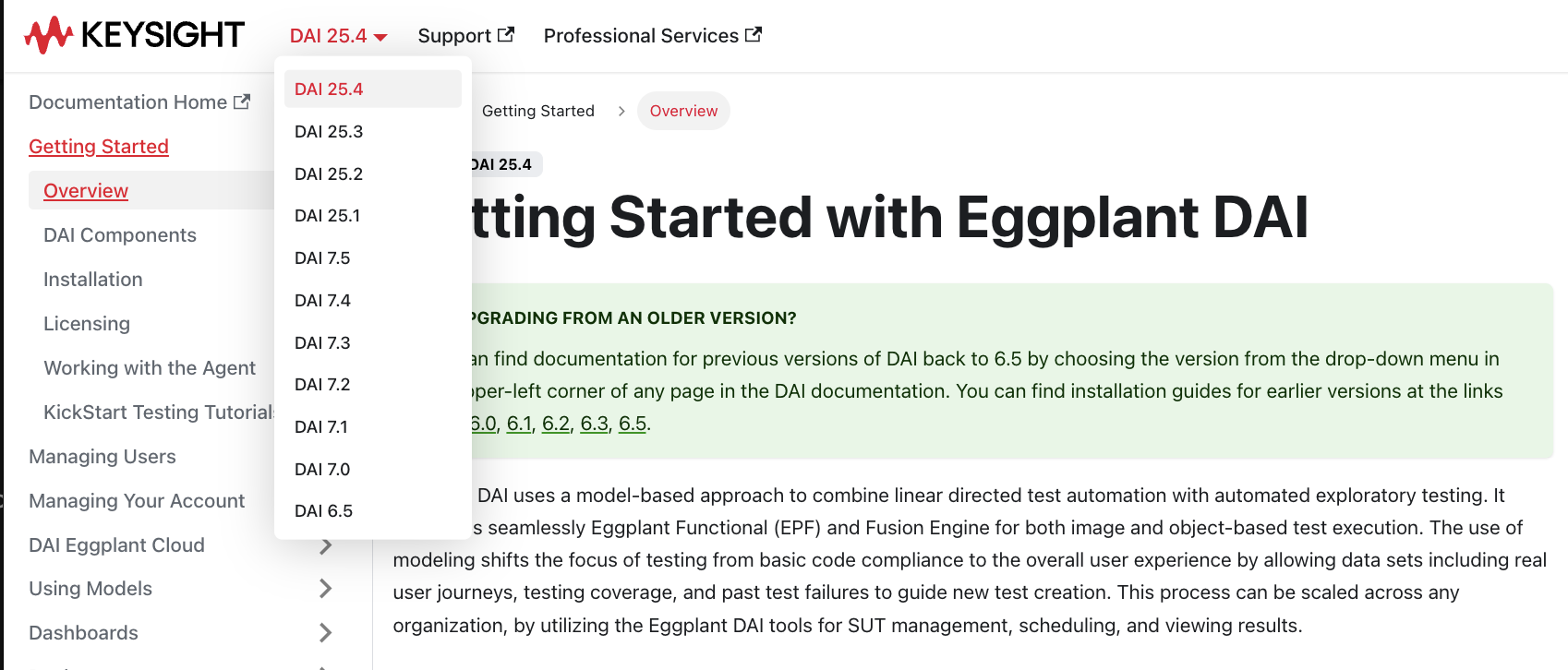 The Documentation version selector, which you can access from every page in the documentation