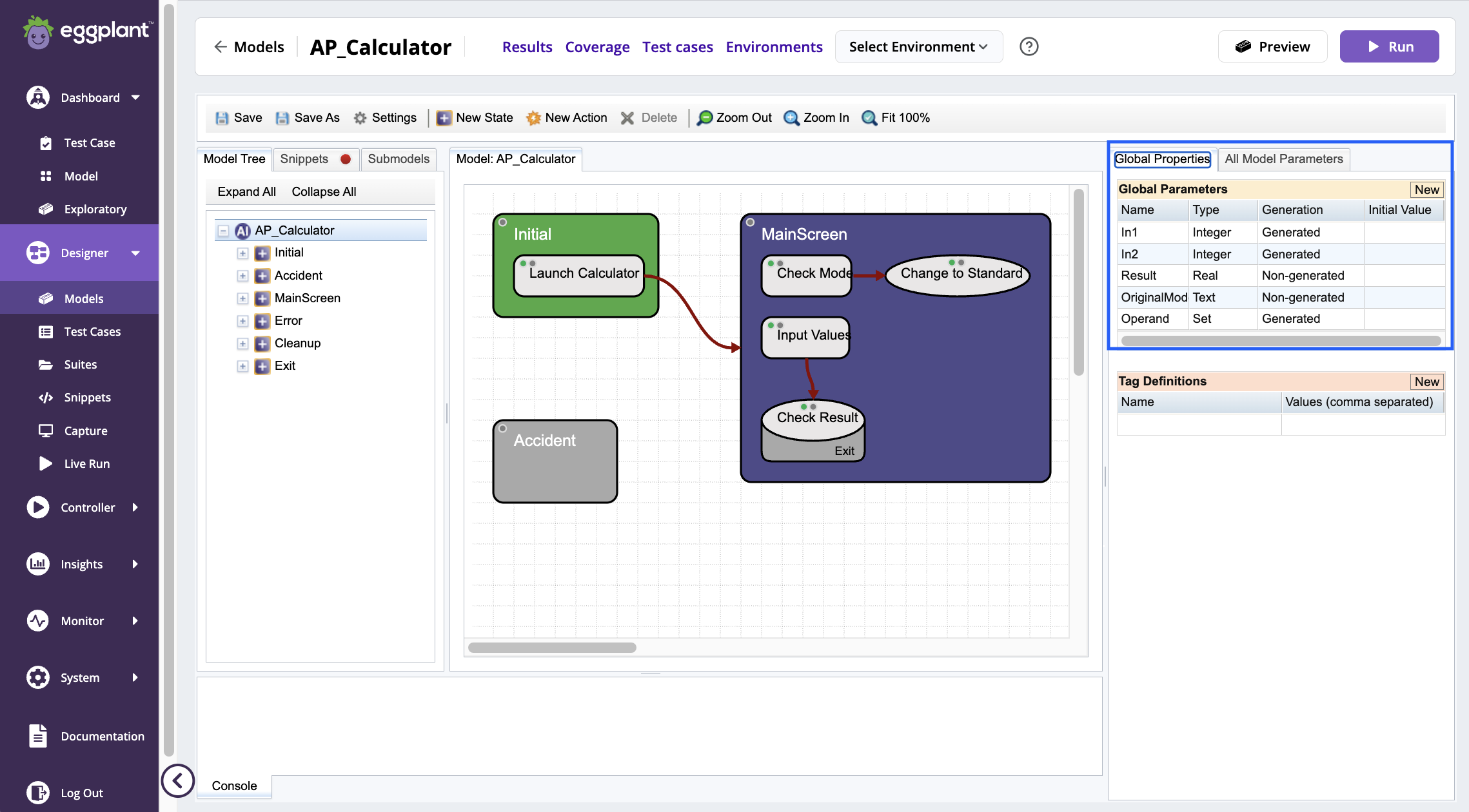 The DAI **Global Parameters** tab in the panel to the right of the Model workspace