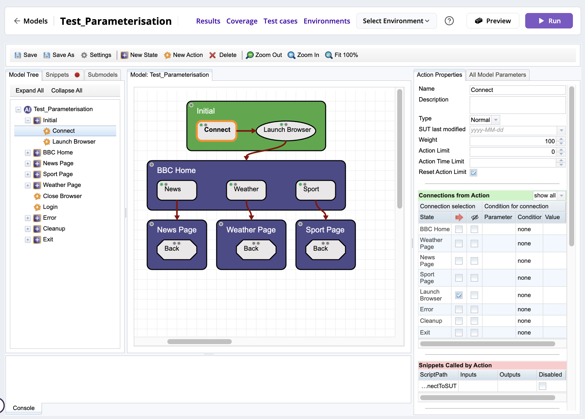A DAI model open in the Model Editor with the selected action highlighted in orange and its properties tab in focus on the right