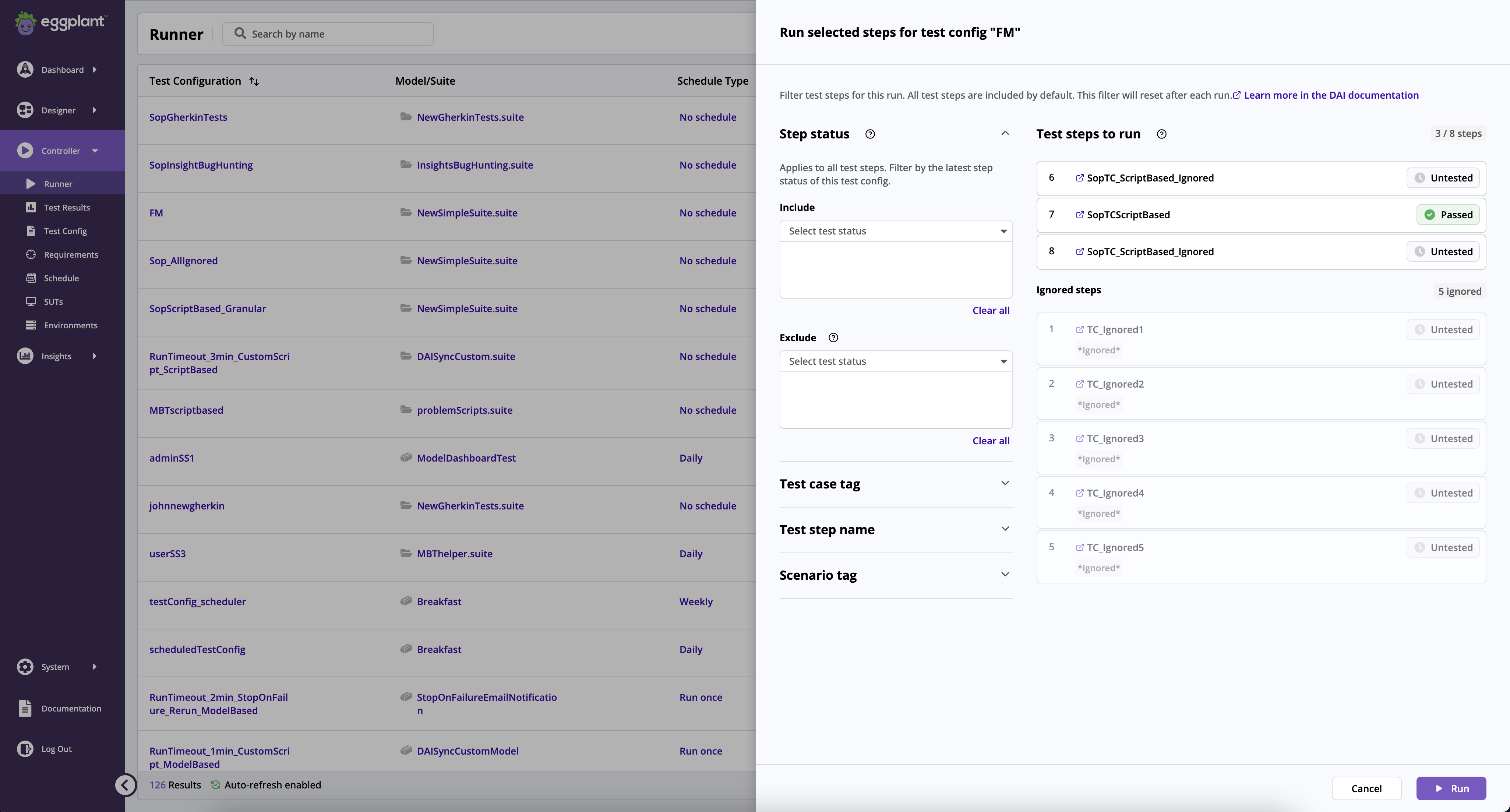 The Runner page in Eggplant DAI