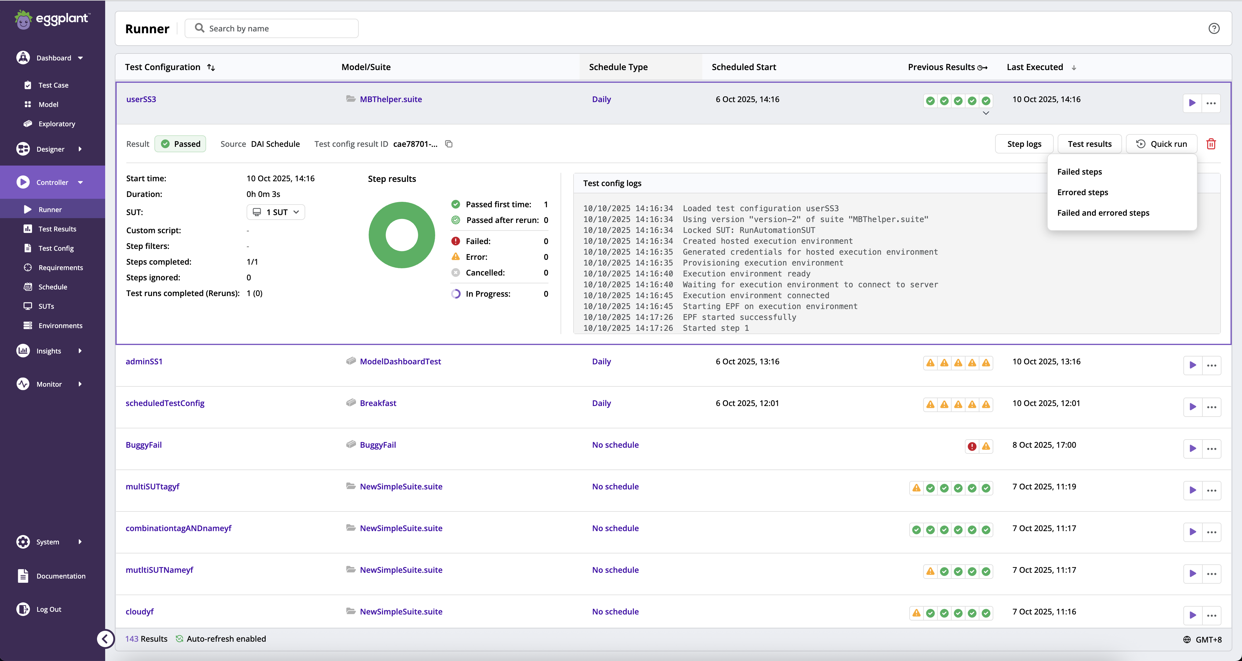 The Runner Quick Run options for quickly rerunning failed or errored or both steps