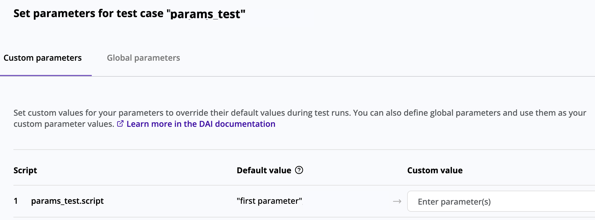 The **Custom parameters** tab on the **Set parameters for test case** slider panel for a test case/step in a script-based test config