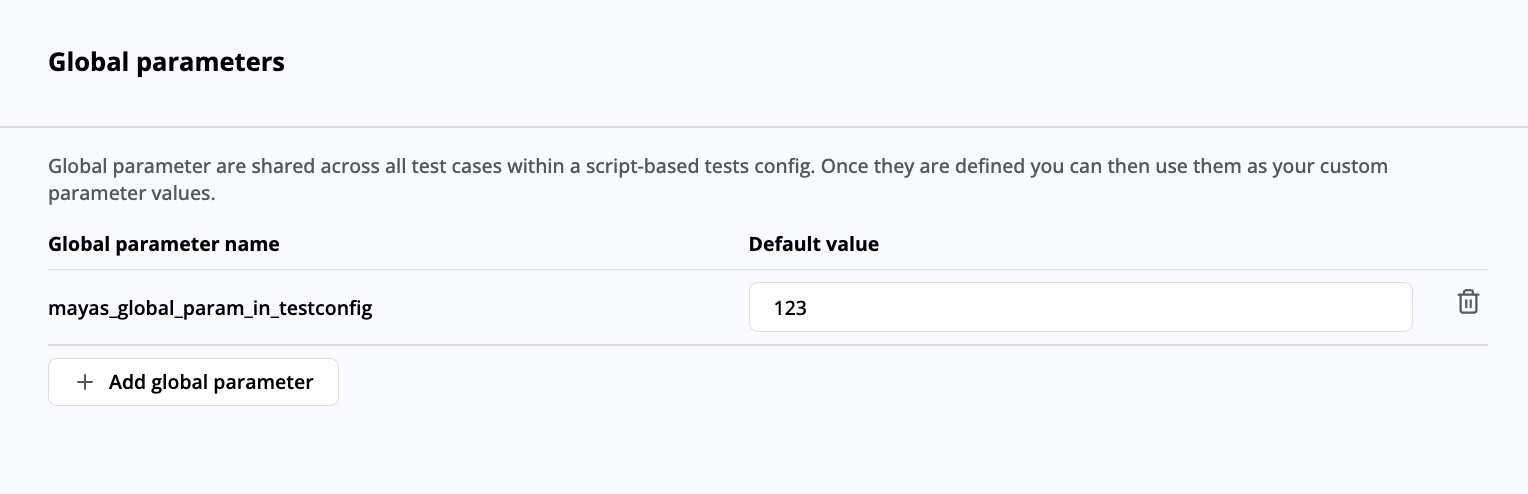 The **Global parameters** panel in a script-based test config showing a global parameter with a default value of **123**