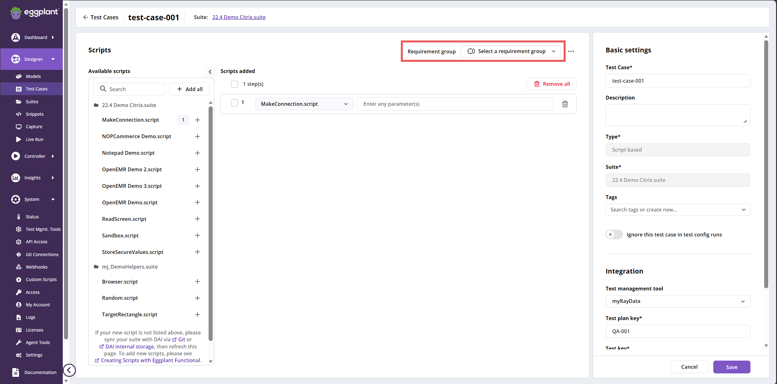 Select a requirement group drop-down menu
