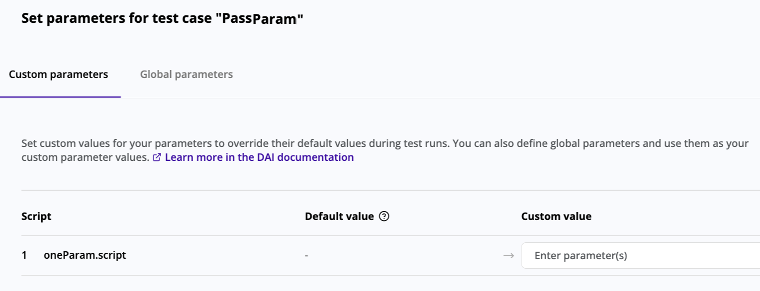 The **Custom parameters** tab on the **Set parameters for test case** panel where you can assign a custom parameter value in a script-based test config