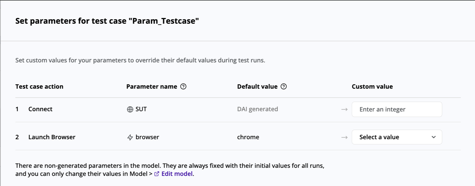 The Set parameters for test case slider panel, showing two parameters that can be overridden with custom values