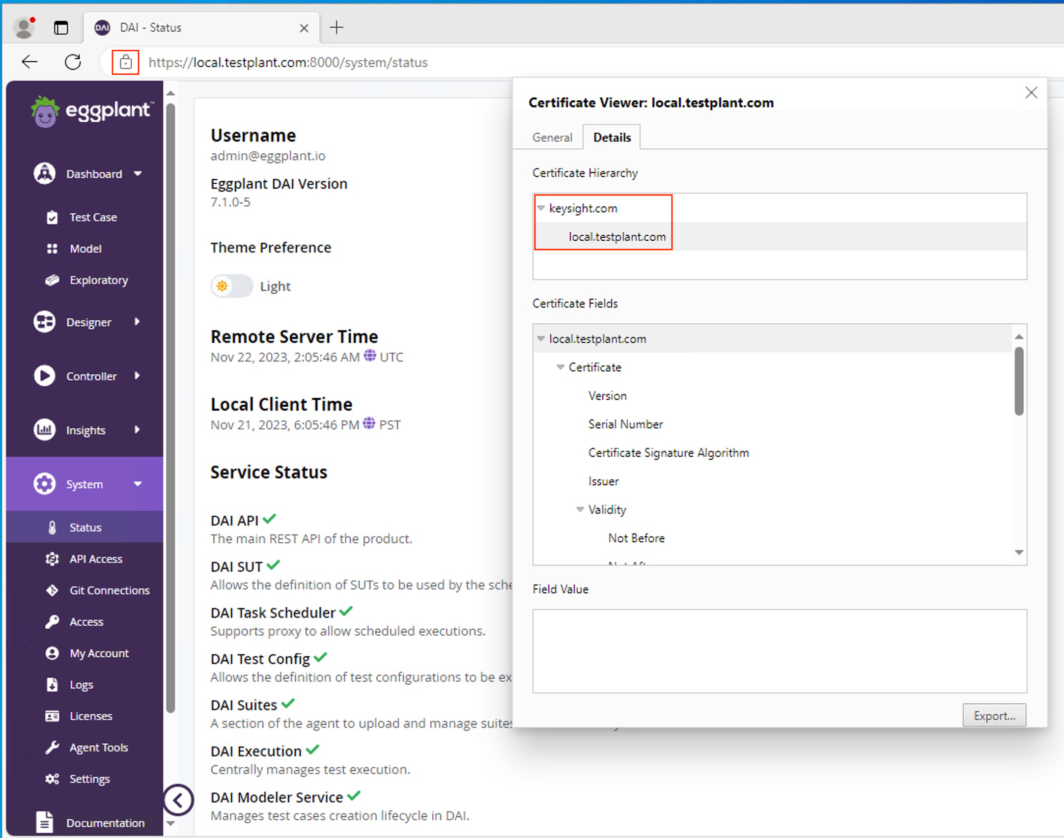 DAI Windows Installer Server port and HTTPS panel showing the certificate server.crt and server.key selected