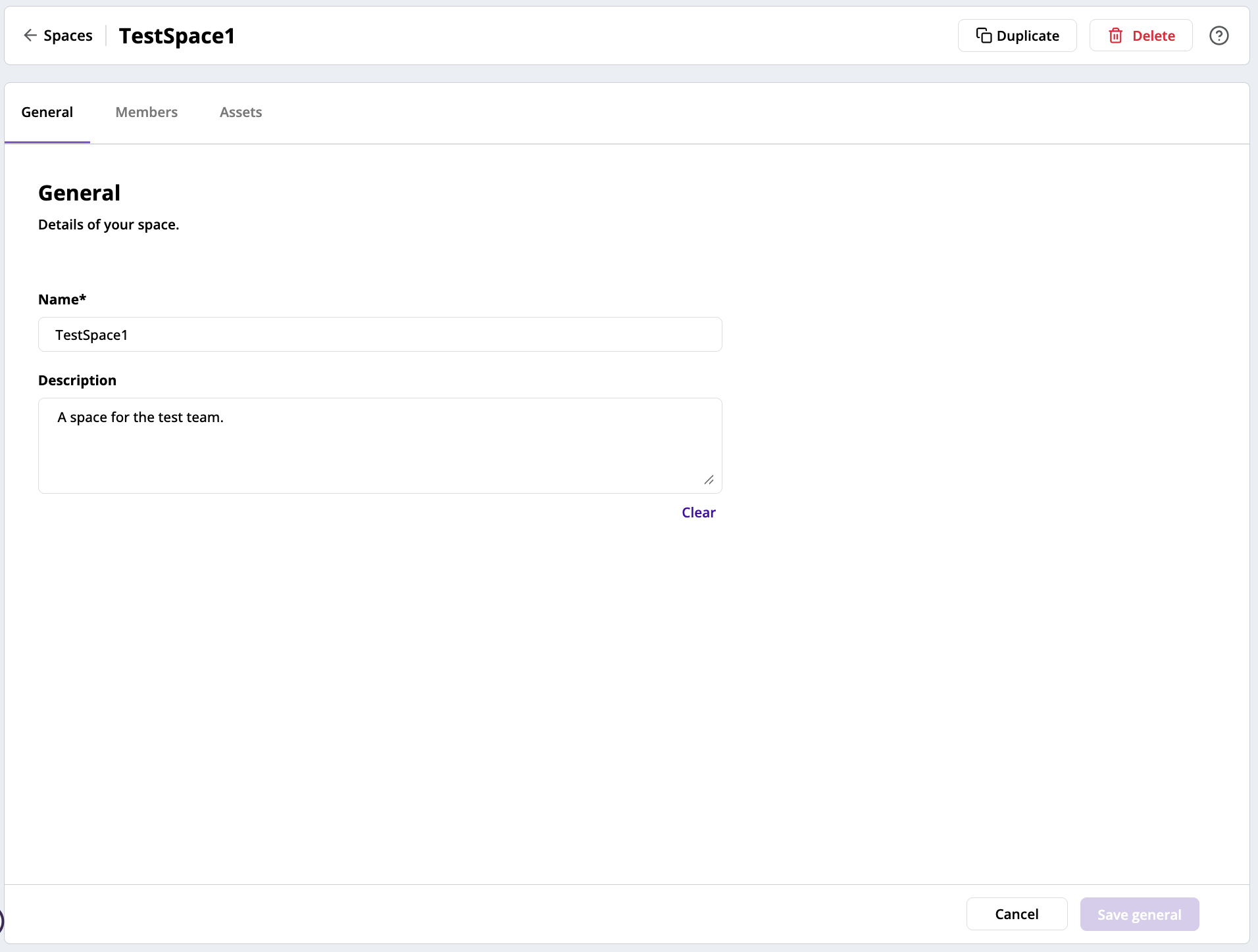 The **Manage space** page with a private space open and the **General** tab in focus