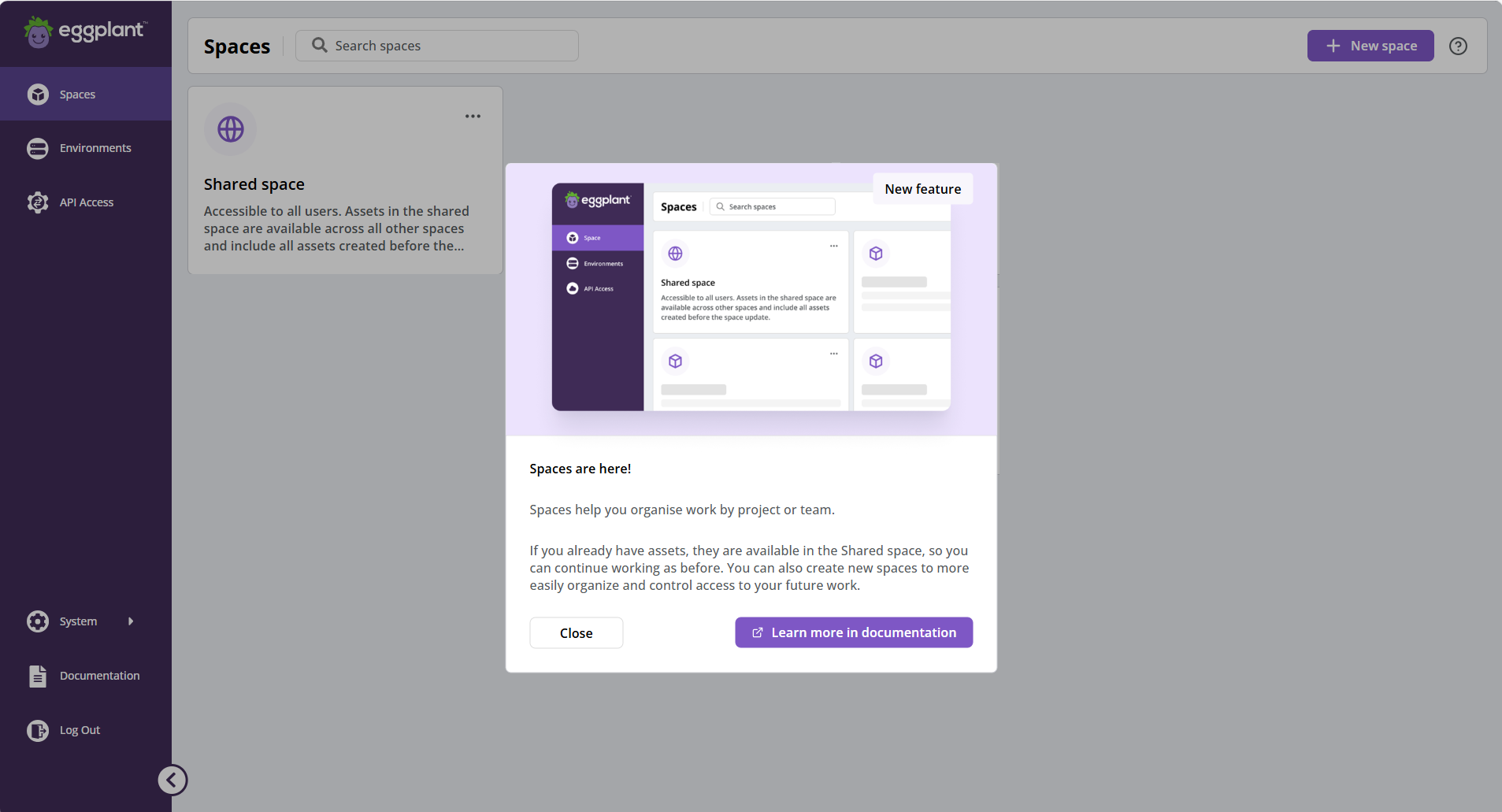 The **Spaces are here!** panel calling attention to Spaces feature in DAI