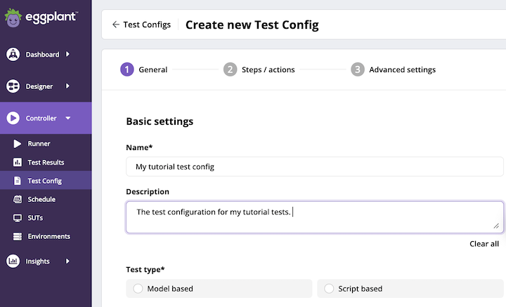 Create Test Config Basic Settings