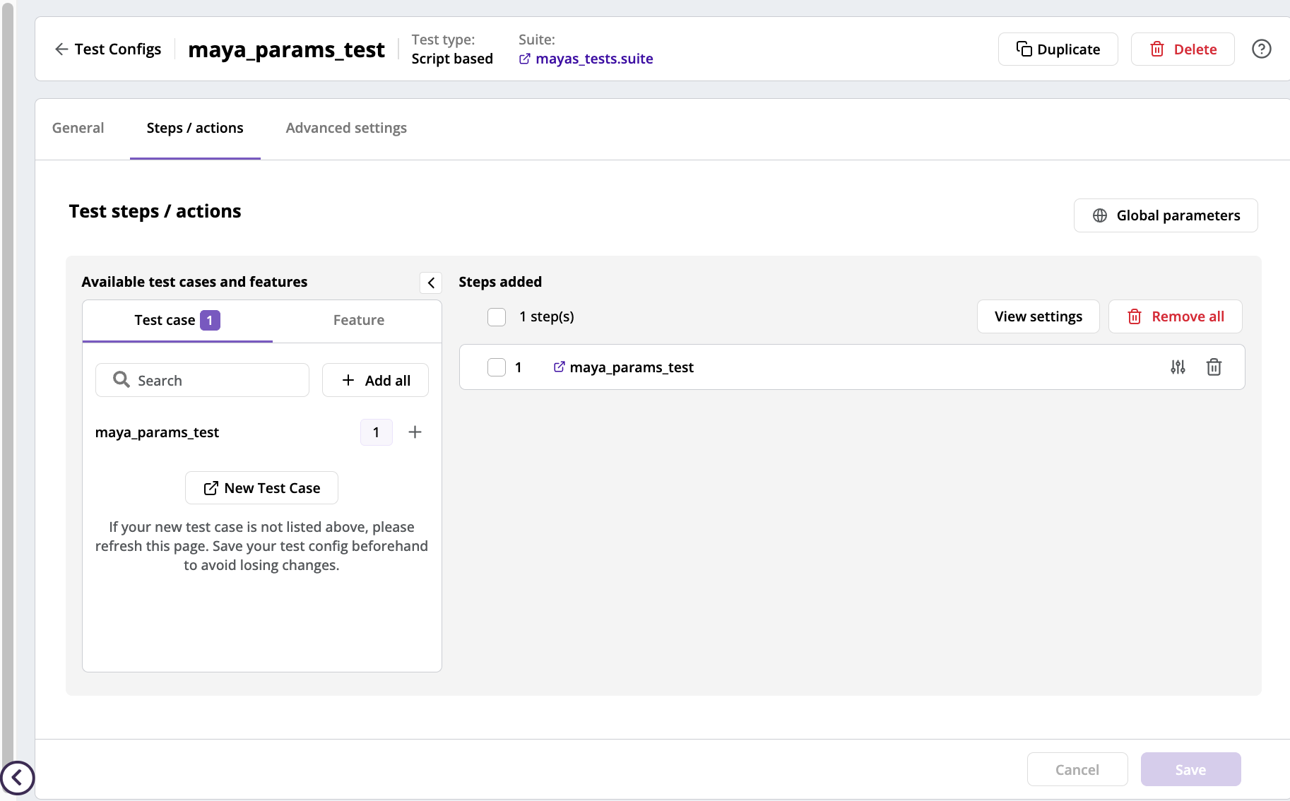 Steps/actions script-based test case selector