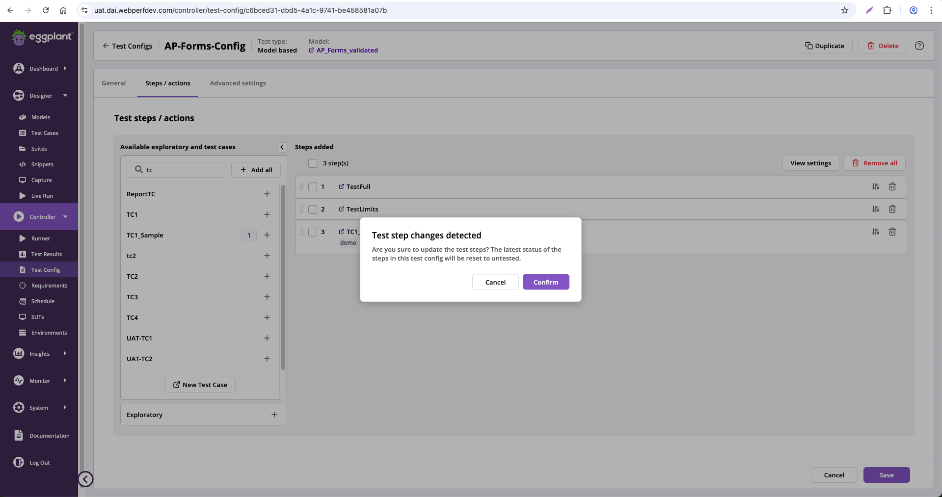 Steps/actions test case steps change