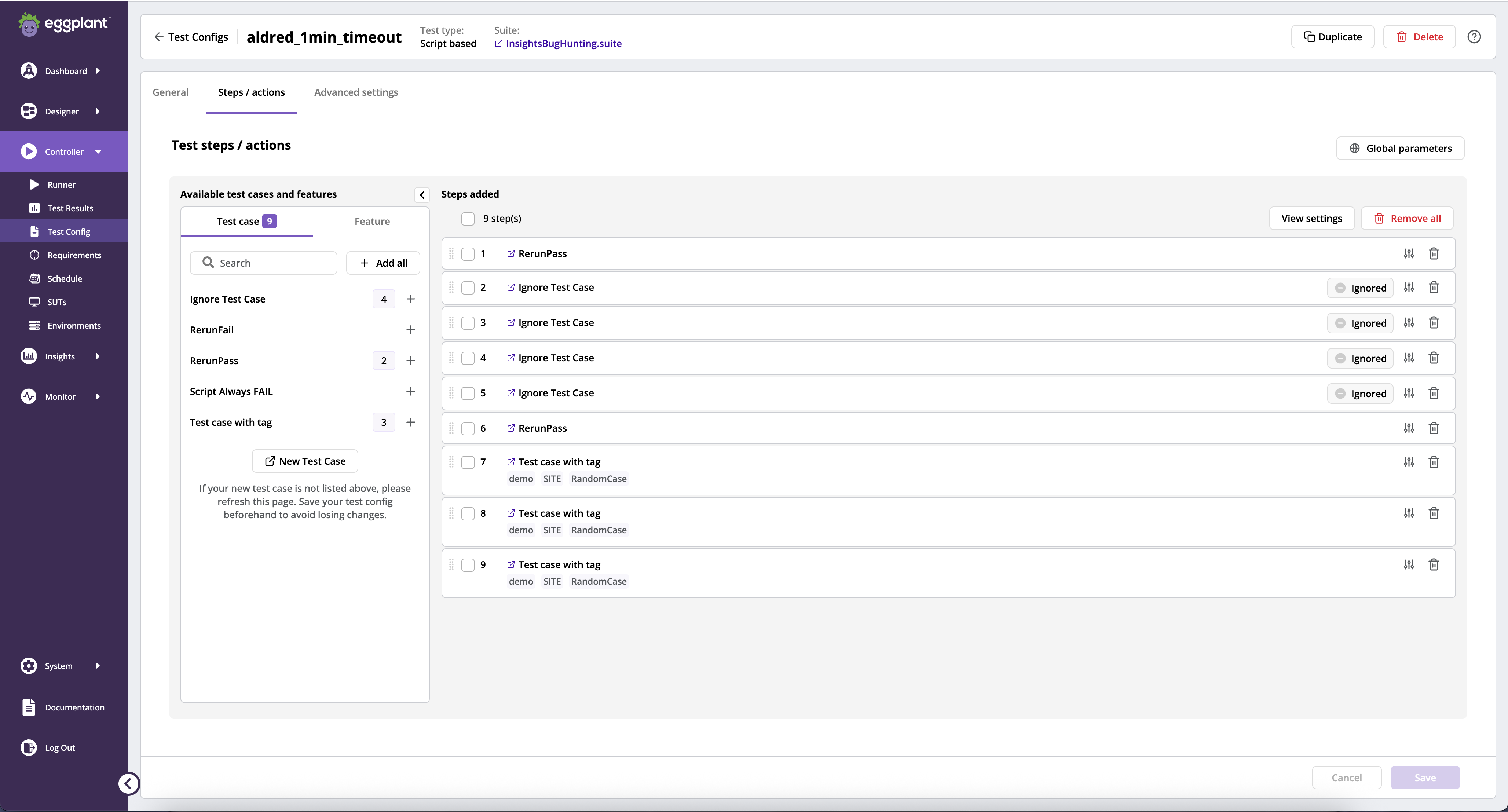Steps/actions test case steps