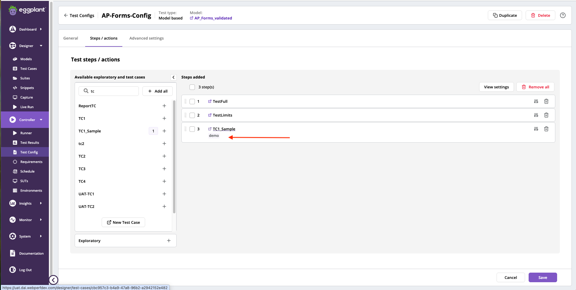 Steps/actions test case steps