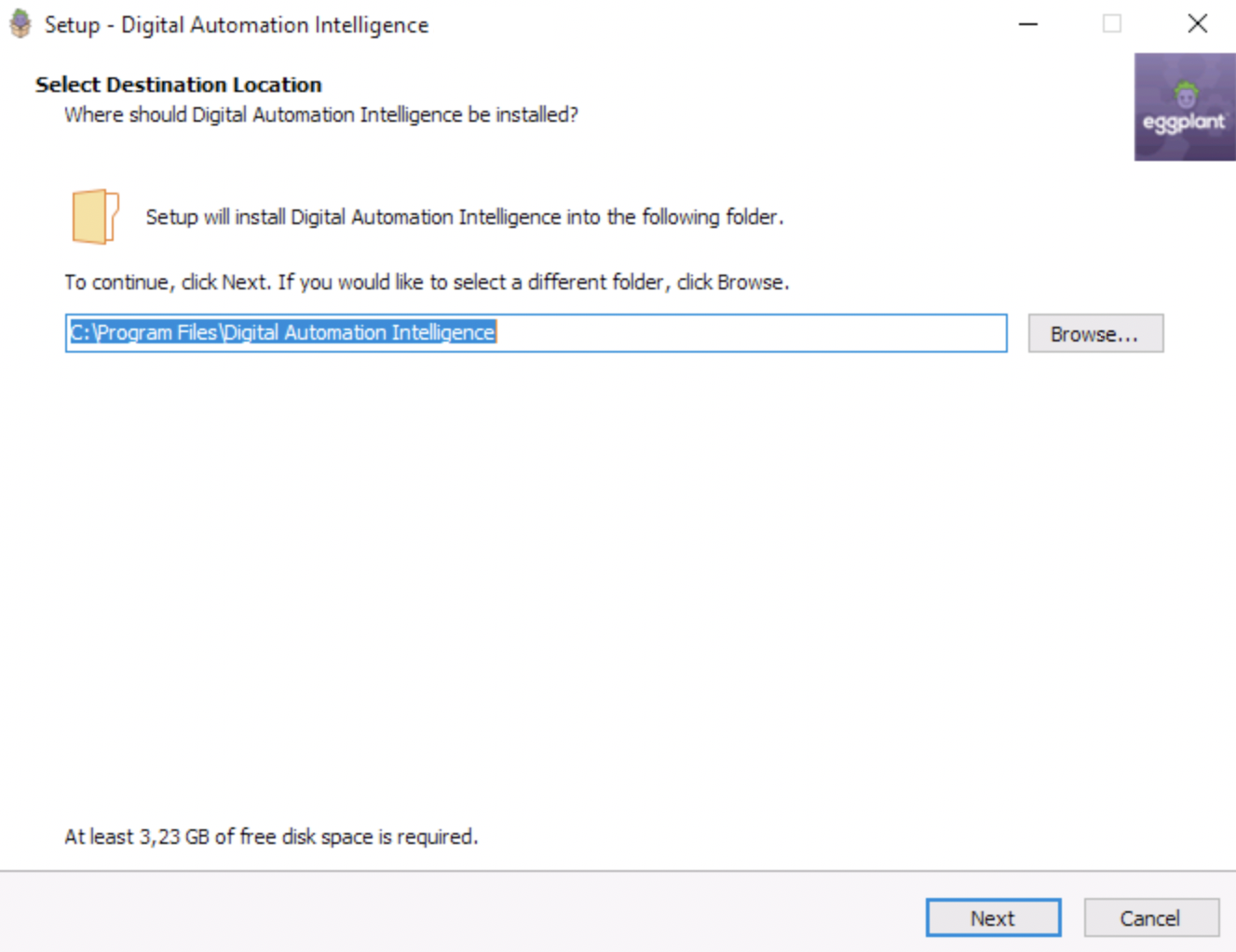 The Select Destination Location panel in DAI Setup where you specify where you want to install your DAI Server