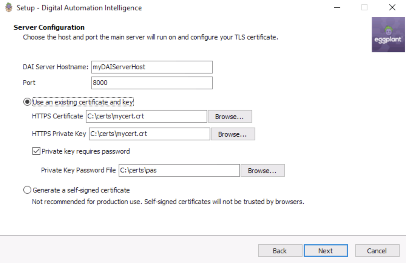 The Server Configuration panel in DAI Setup, where you configure your DAI hostname, HTTPS port, and Certificate Authority (CA) certificate