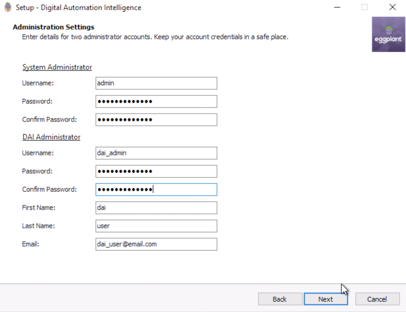 The Administration Settings panel, where you specify two user accounts for your DAI installation