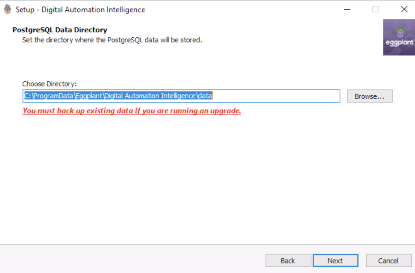The PostgreSQL Data Directory panel where you can specify a different directory for DAI to store its data