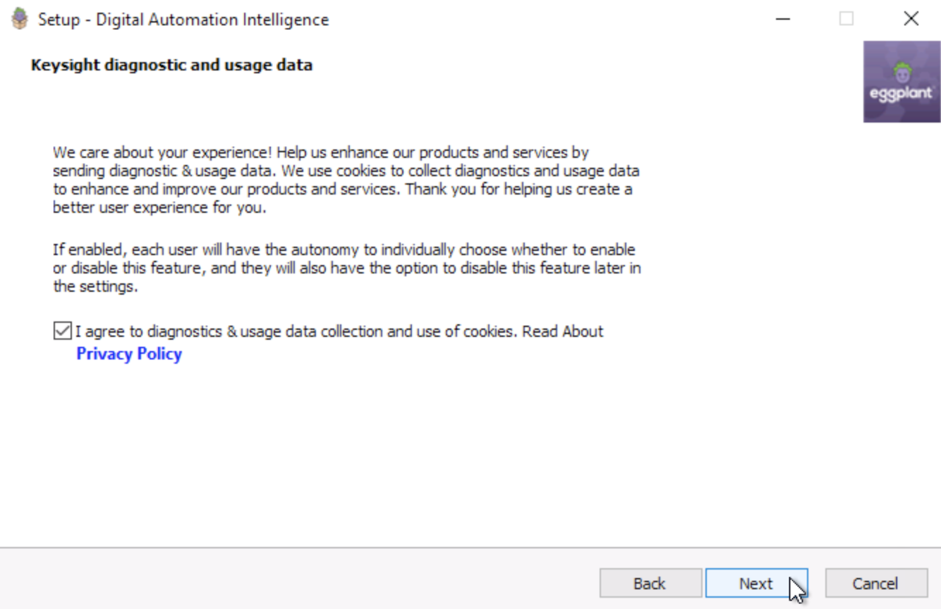 The Keysight diagnostic and usage data panel, where you have the option to share data and allow cookies