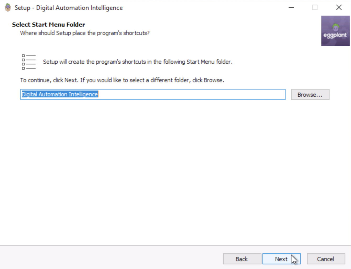 The Select Start Menu Folder panel, where you specify where you want to create the DAI program shortcuts