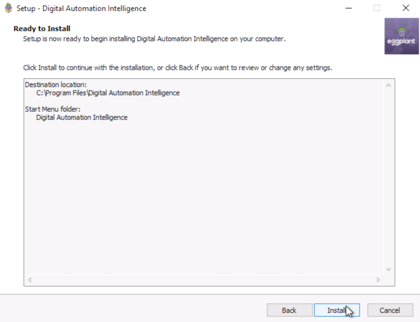 The Ready to Install panel, where you verify you are ready to start installing or go Back to change any settings