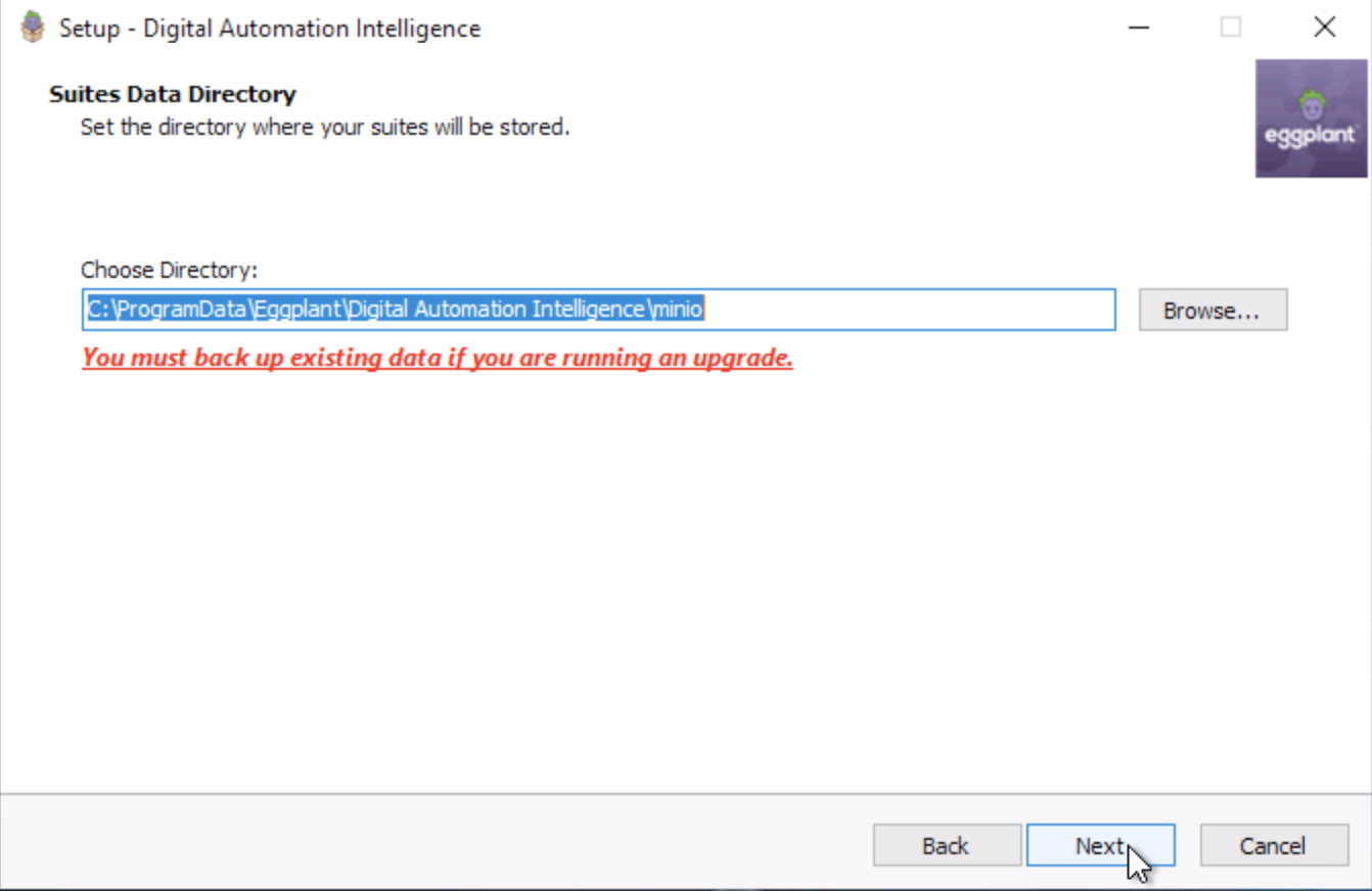 The Suites Data Directory panel, where you can specify a different directory to store your Eggplant test suites