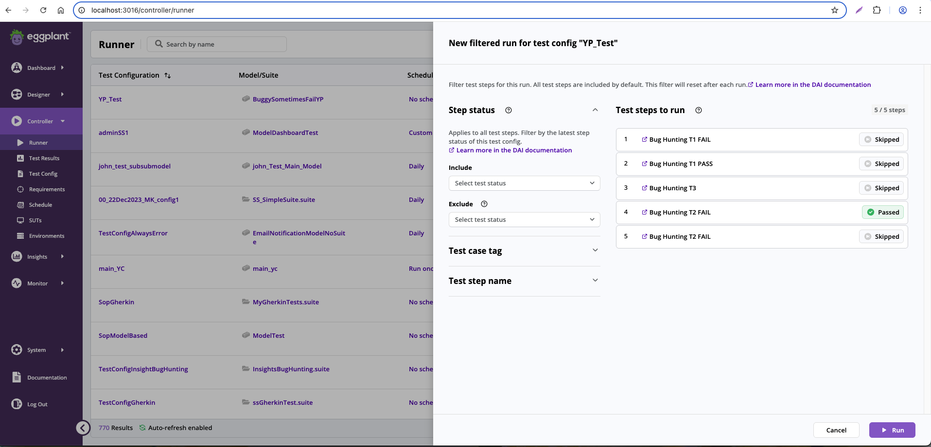 The Runner page in Eggplant DAI