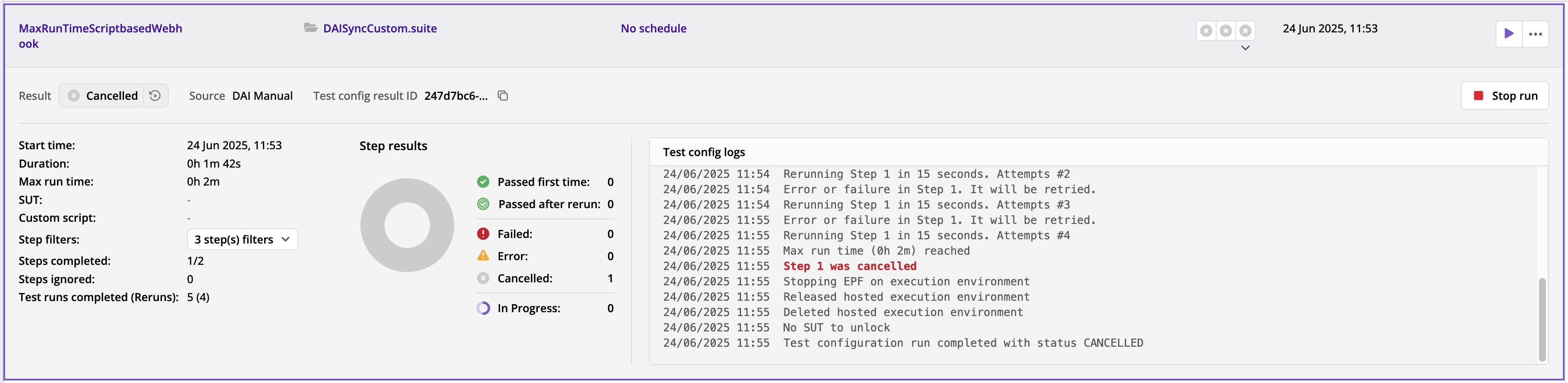 Clicking the Pass, Fail, In Progress dots shows the summary of the test execution