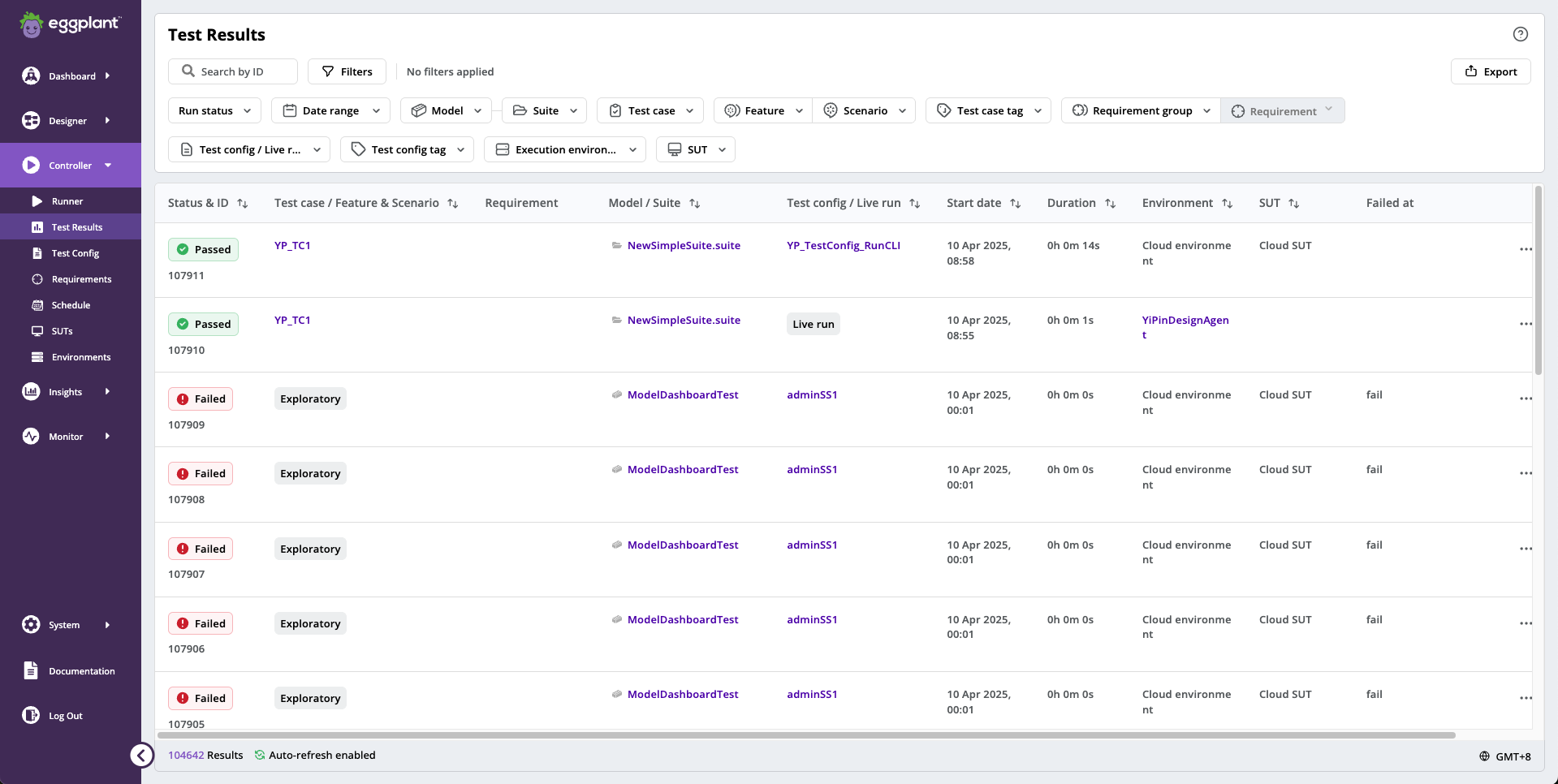 Test Results showing all Run Statuses
