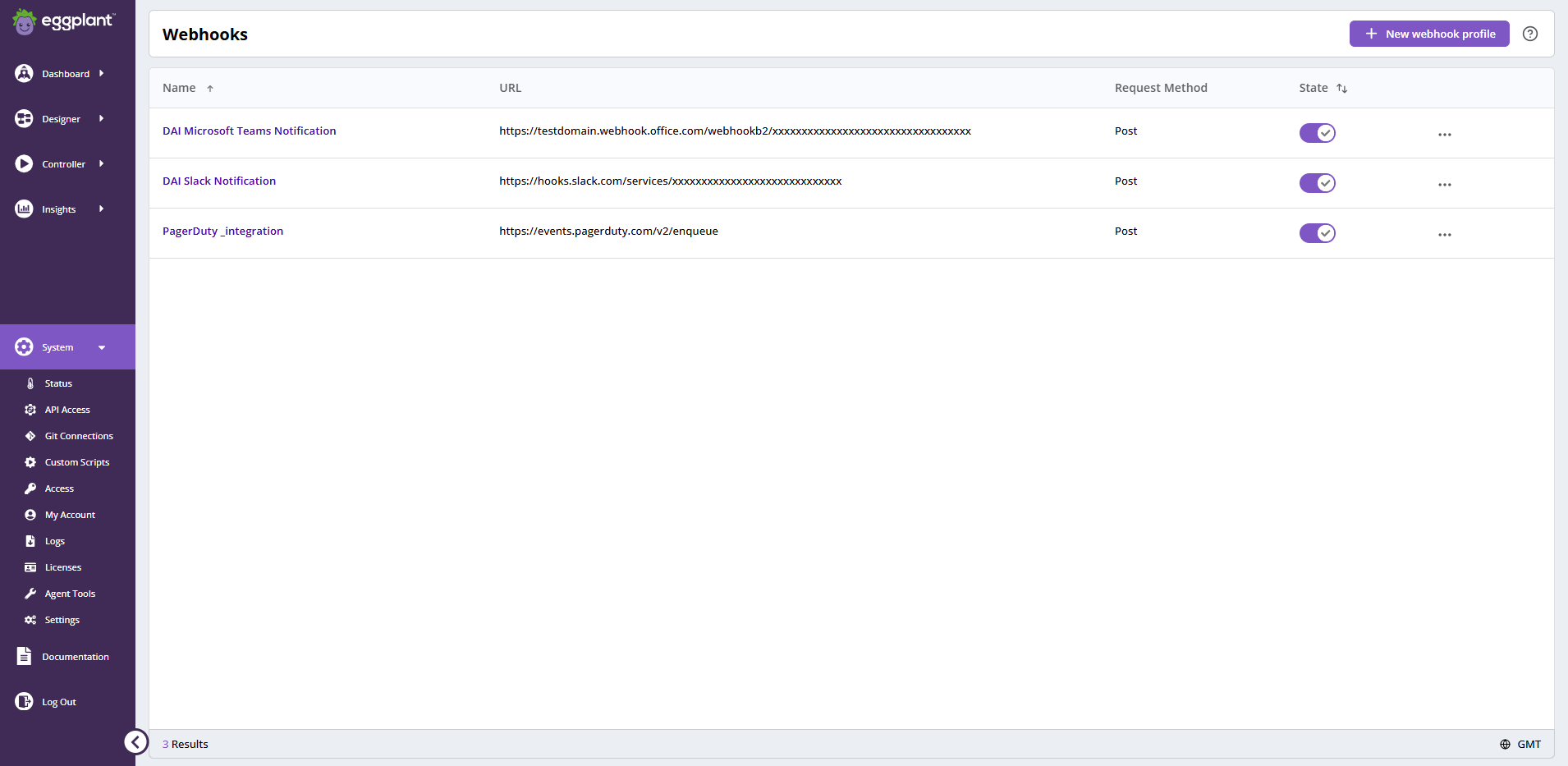 Webhook profile list