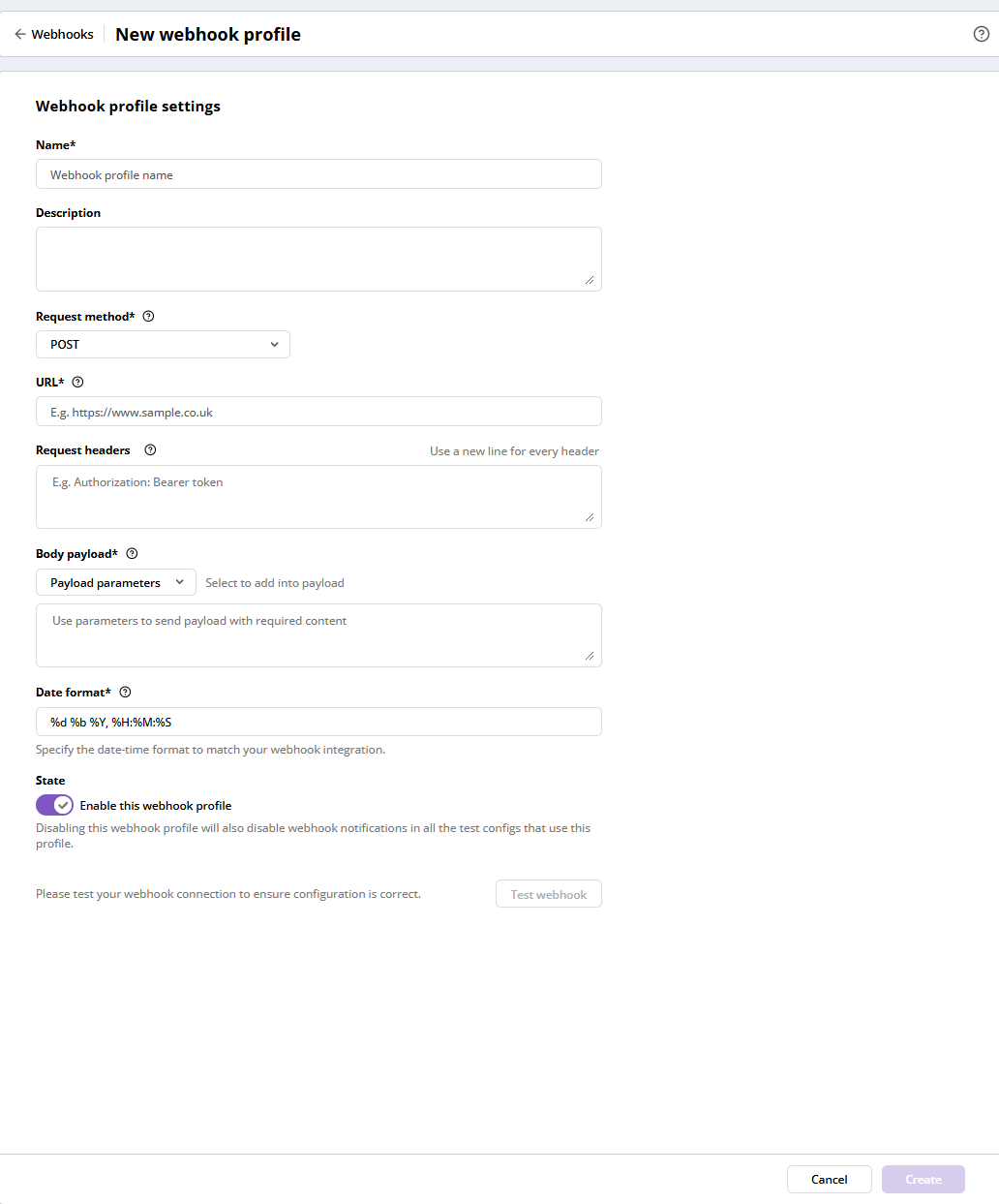 New webhook profile page