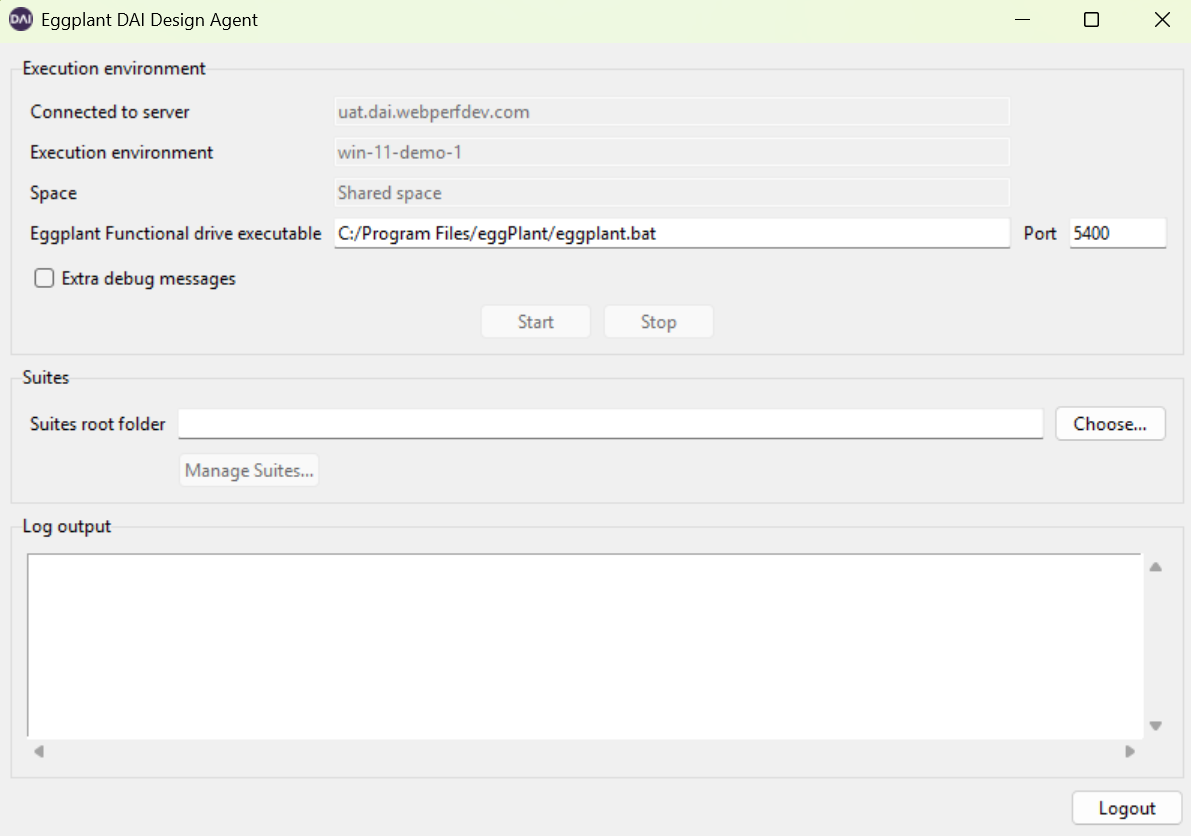 DAI Design Agent configuration panel where you configure the associated EPF instance and the location of your tests