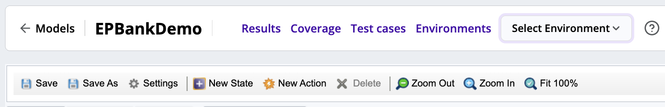 The Model Editor toolbar with the **Environments** and the **Select Environment** drop-down list