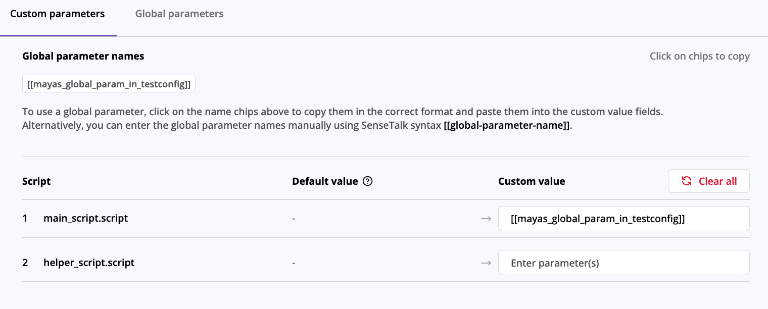The **Custom parameters** tab on the **Set parameters for test case** slider panel showing a global parameter set for a **Custom value**