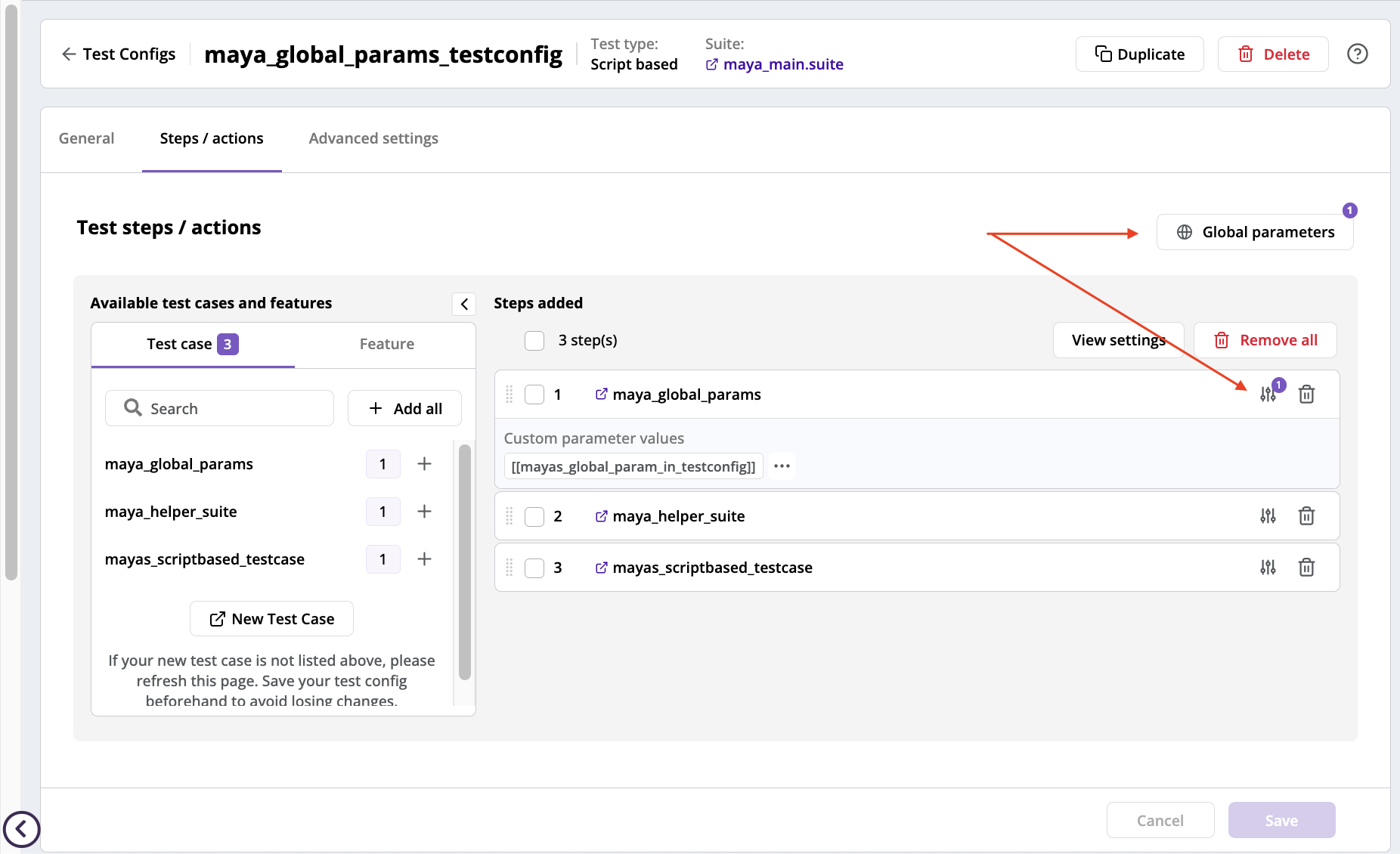The **Global parameters** button on the **Steps/actions** tab of a script-based test config (note that the globe icon indicates a global parameter)