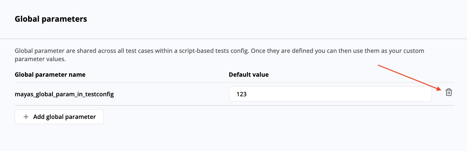 The trash button you click to remove a global parameter on the **Global parameters** panel