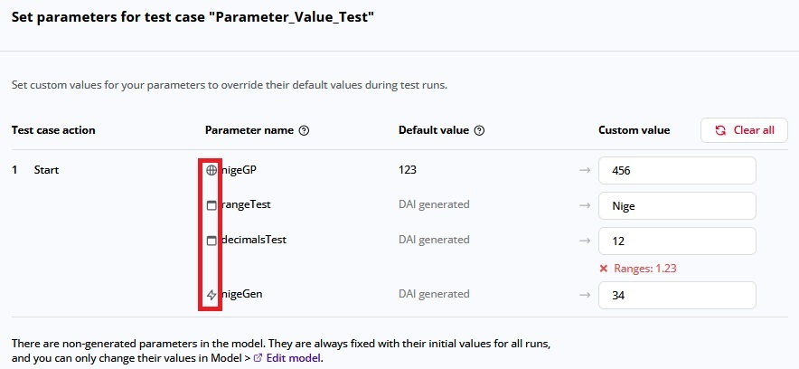 The **Set parameters for test case** slider panel for a test step in a model-based test config