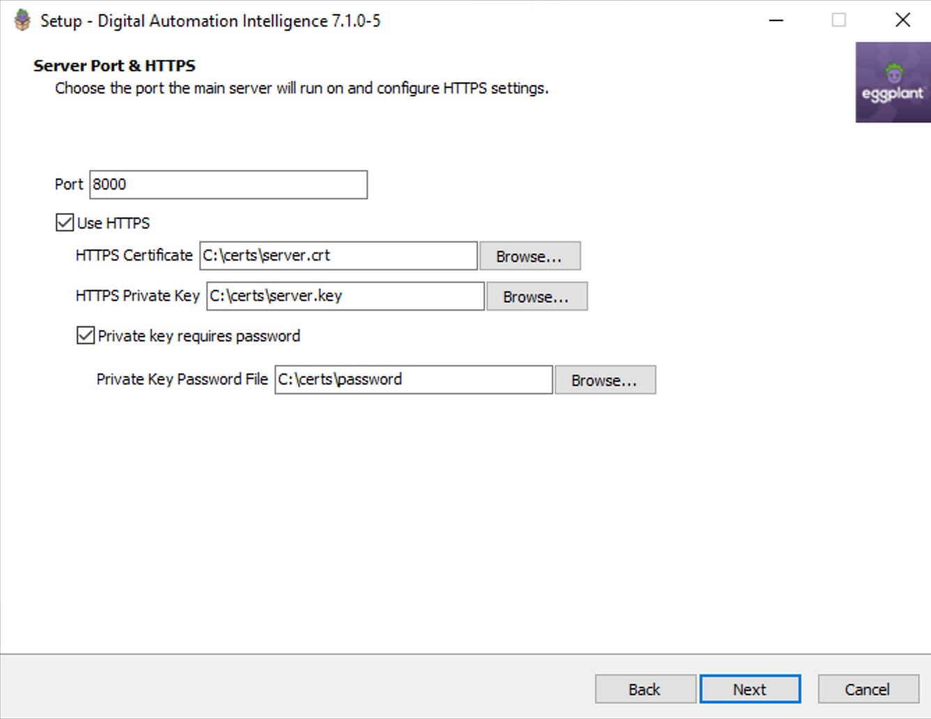 DAI Windows Installer Server port and HTTPS panel showing the certificate server.crt and server.key selected