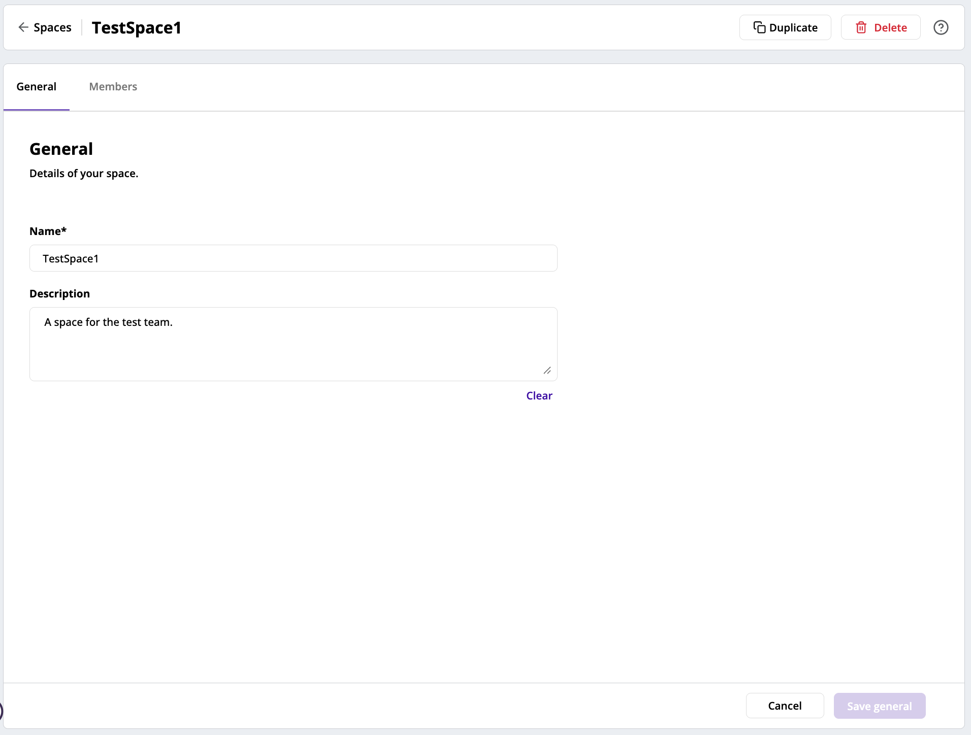 The **Manage space** page with a private space open and the **General** tab in focus