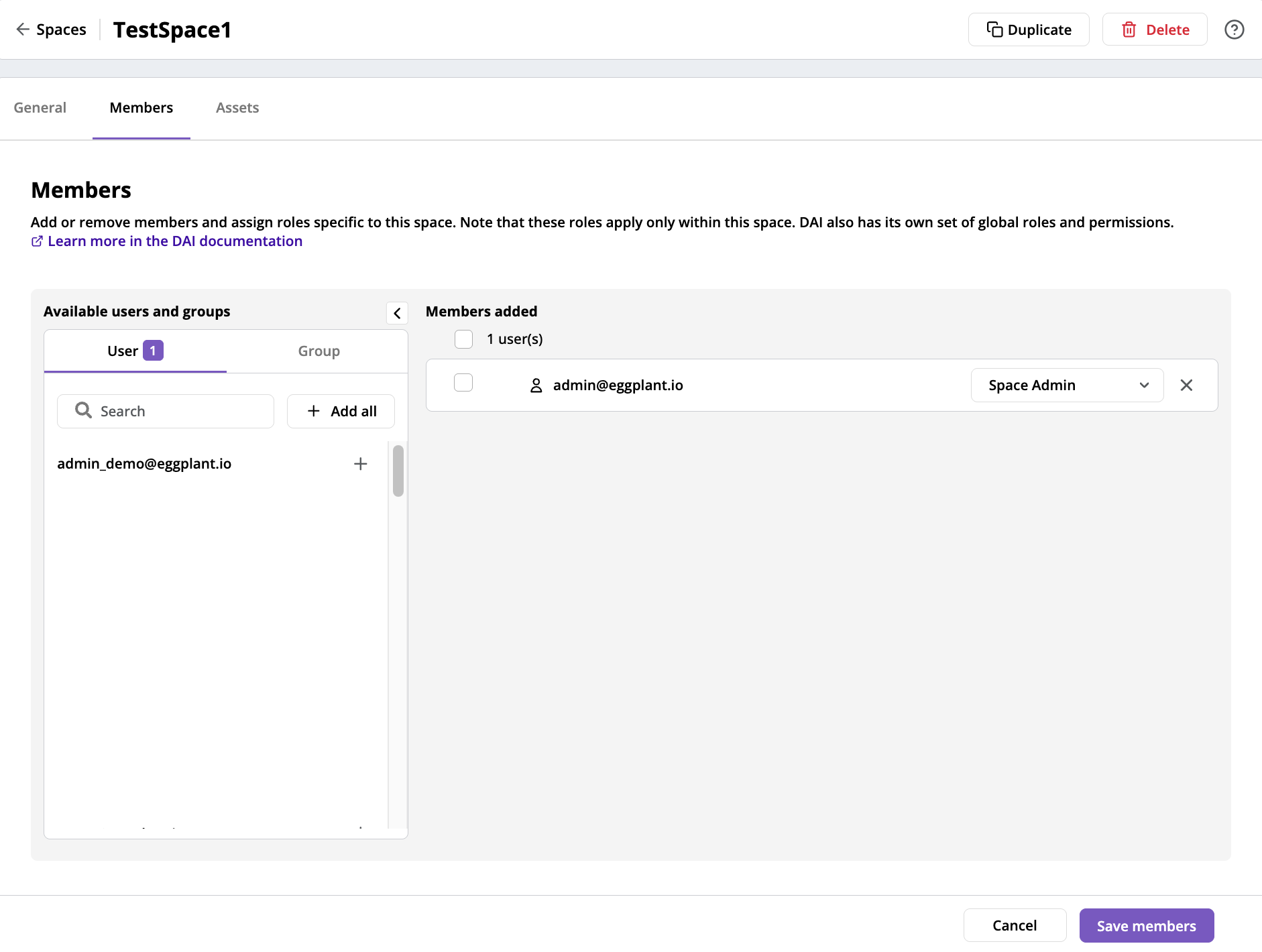The **Members** tab on the **Manage space** page, where Admins can manage members and their roles