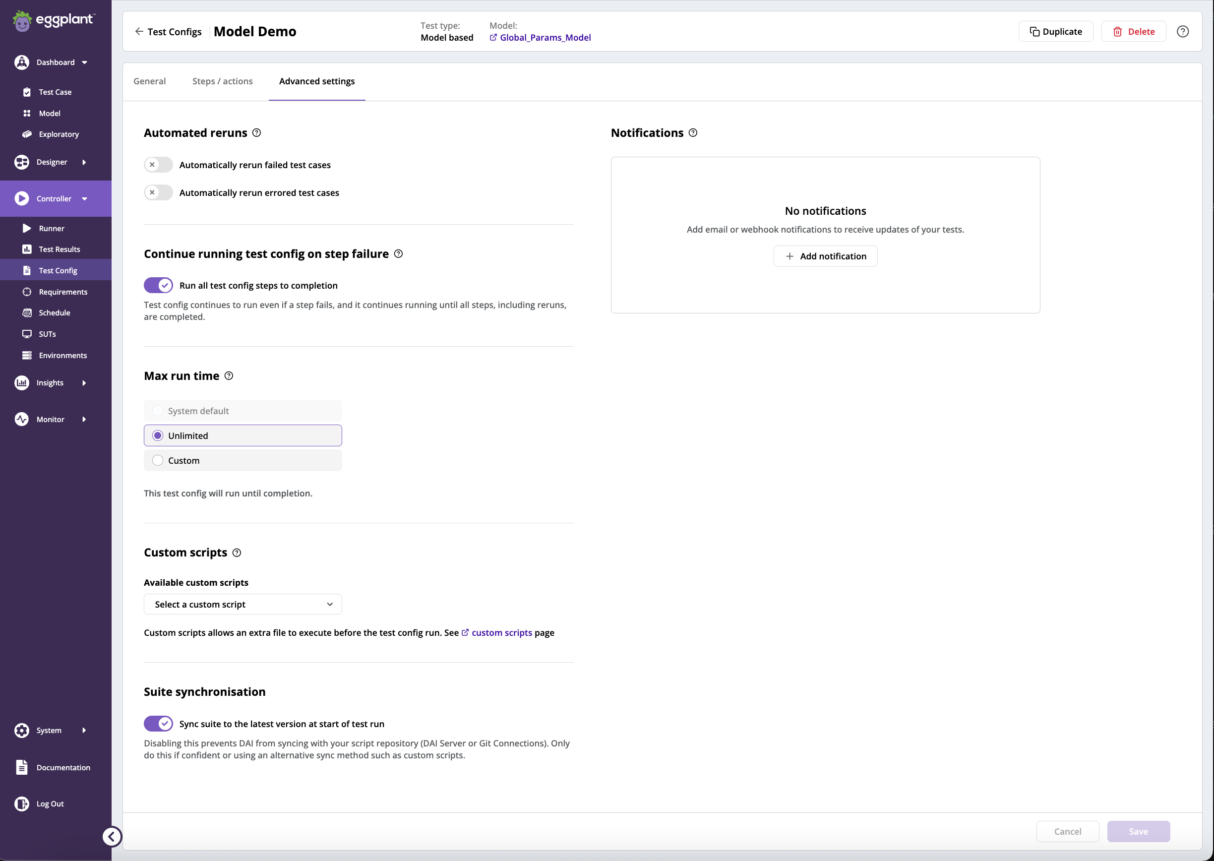 Create new Test Config Step 3: Advanced Settings