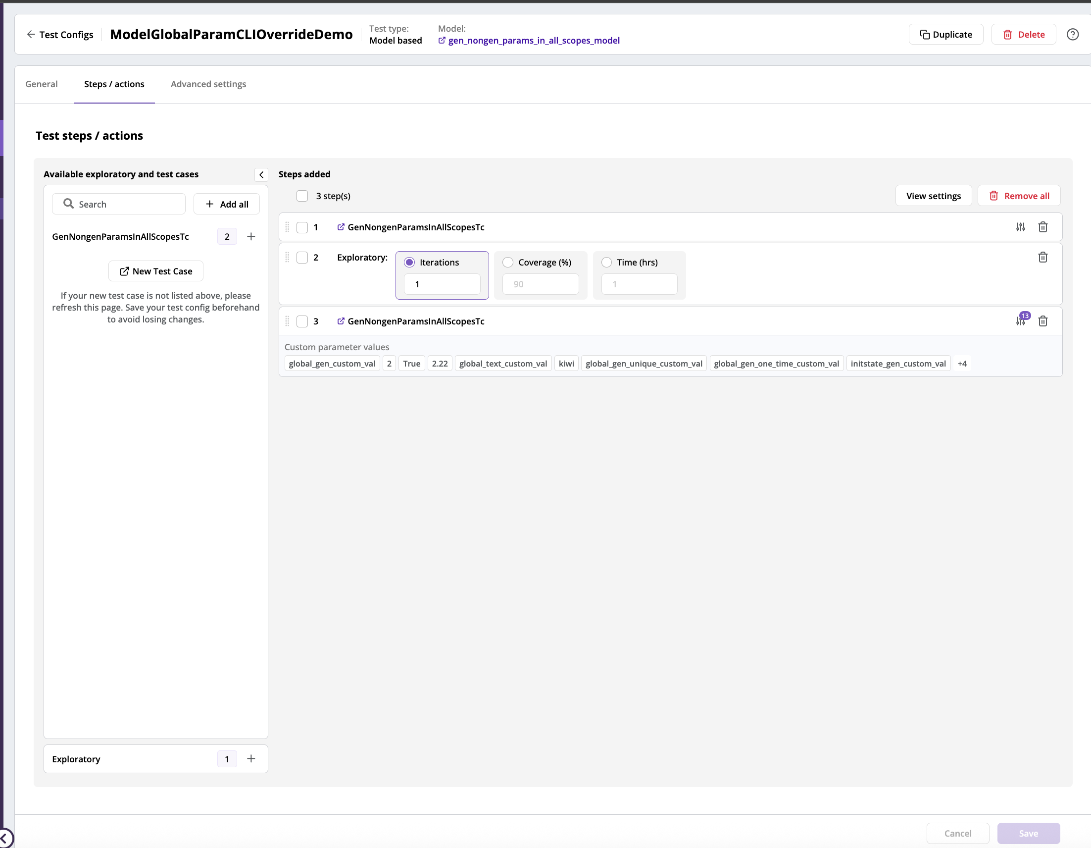 The **Steps/actions** tab of a test config with test cases and exploratory steps added, and 13 parameters shown as set on the Editor parameter(s) button