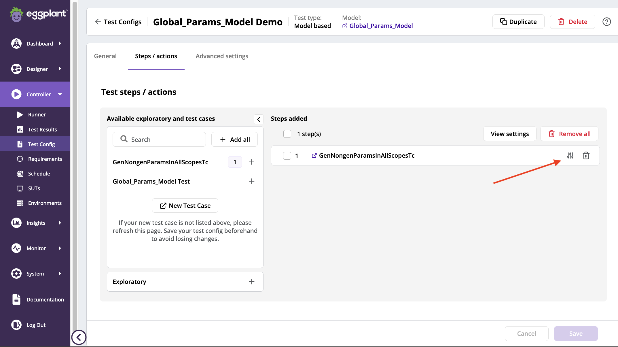 The **Steps/actions** tab of a test config highlighting the Edit parameter(s) button you use to display the **Set parameters for test case** panel