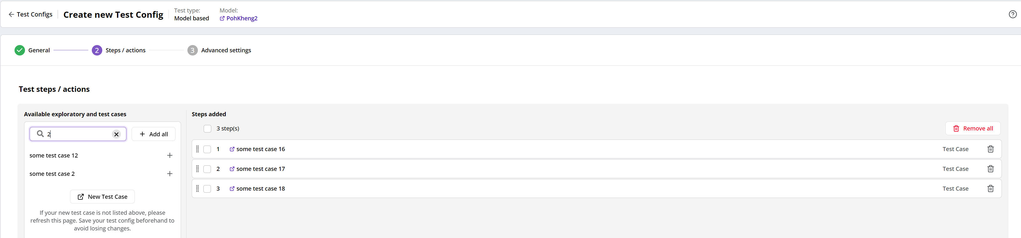 Test steps/actions filtered test case steps