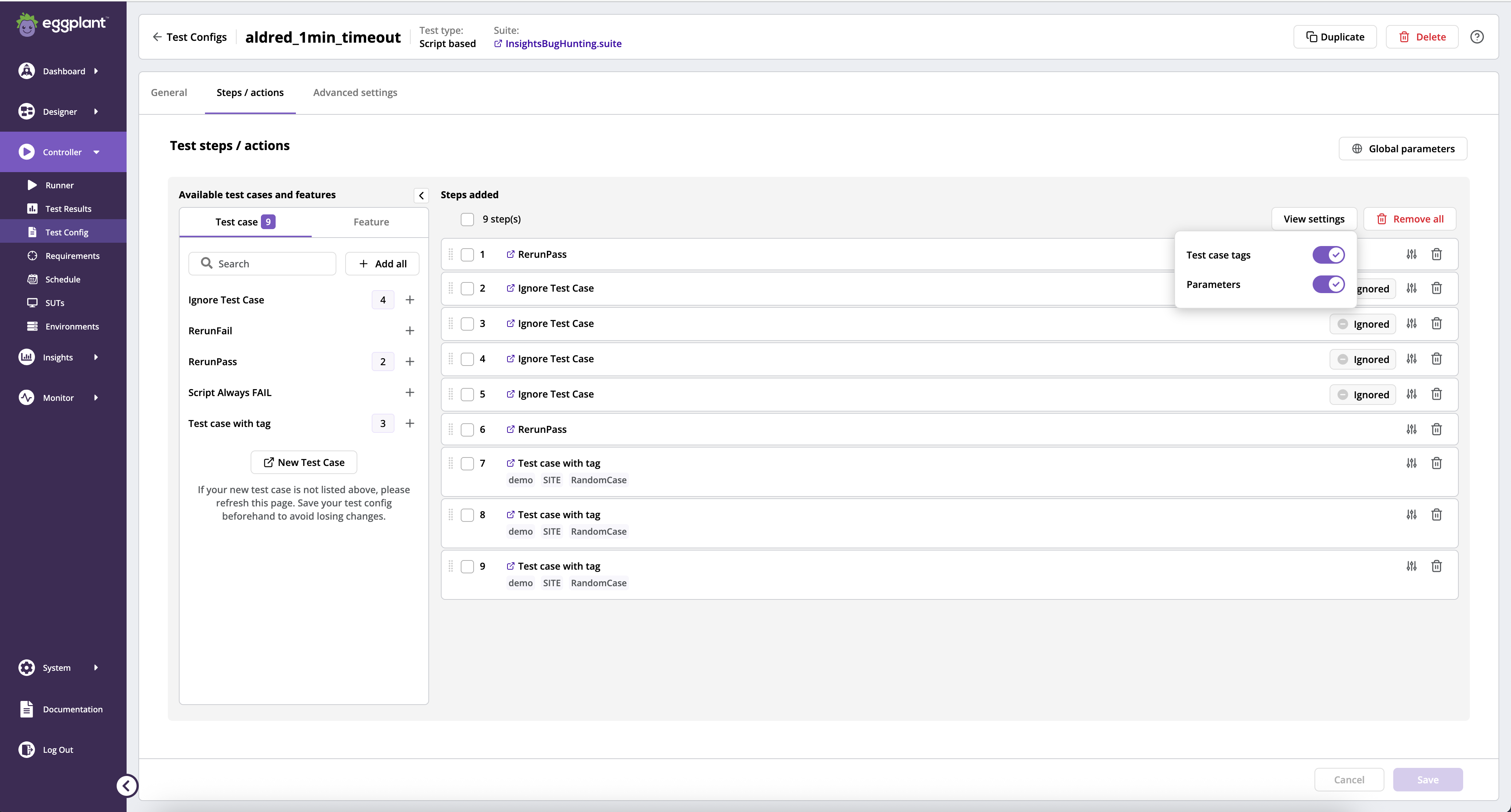 Steps/actions test case steps