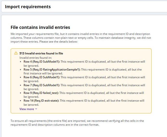 Import Requirements Warning Messages