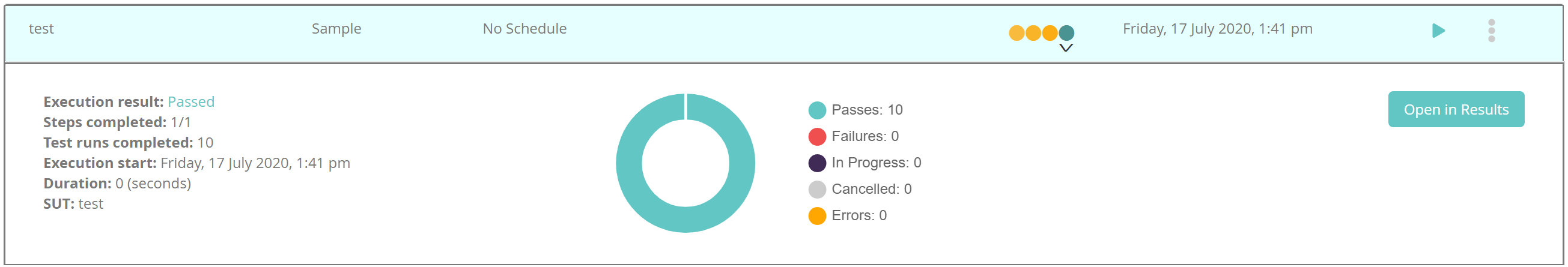 Clicking the Pass, Fail, In Progress dots shows the summary of the test execution