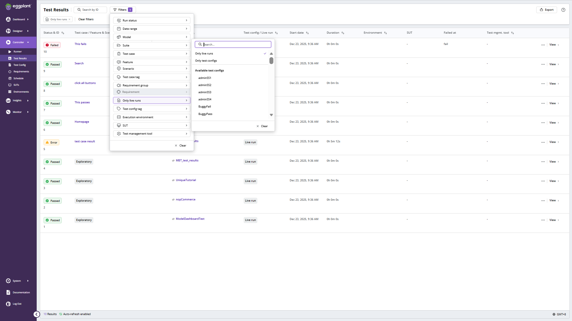 Test config / live run combo box