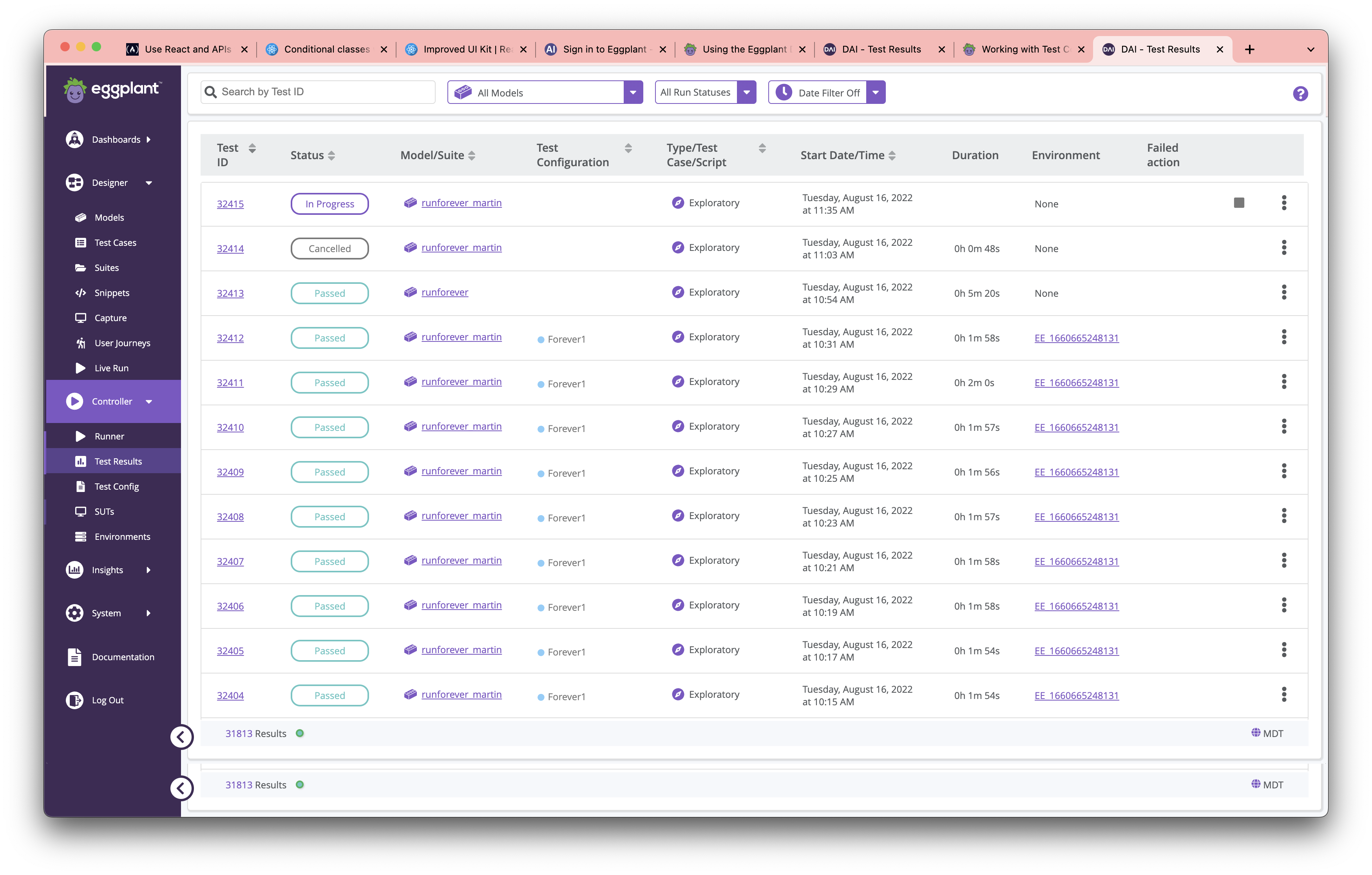 Test Results showing all Run Statuses