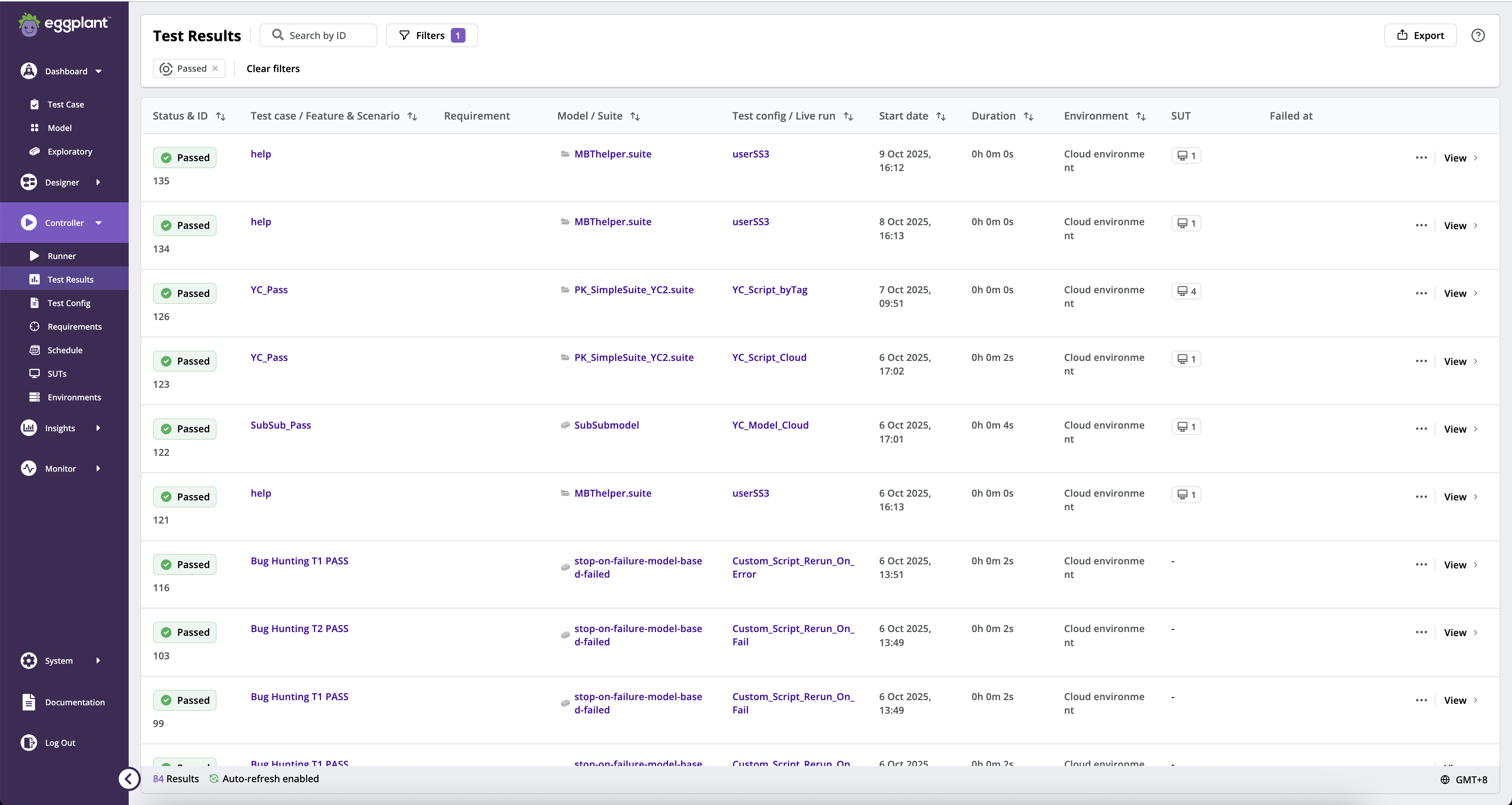 Test Results filtered by Status